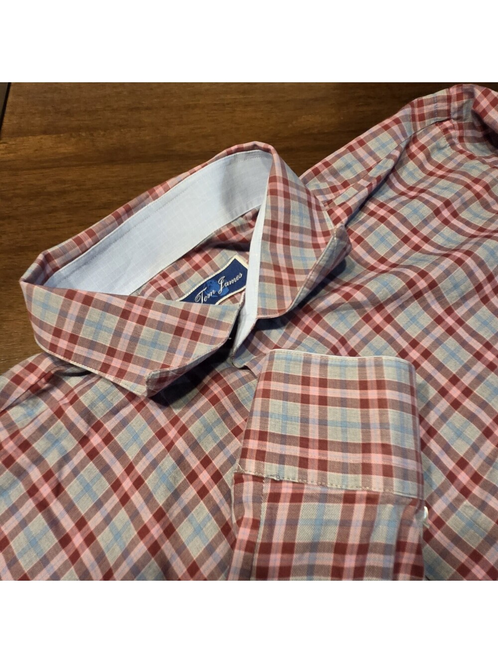 Tom James Mens Shirt 16 34 Plaid Custom Dress Shirt Burgundy Blue Long Sleeve